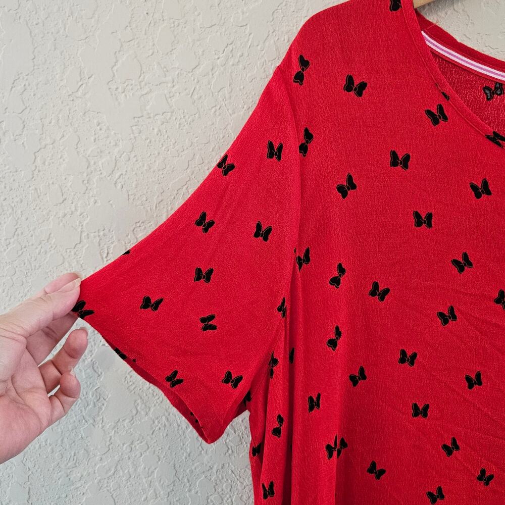 Disney Minnie Mouse Red Crepe Mini Red Shift Dress Black Bow Print Women's Sz XL - Picture 3 of 9